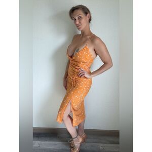 Endless Blu Ruched Midi Dress Bodycon Leg Slit Orange Floral